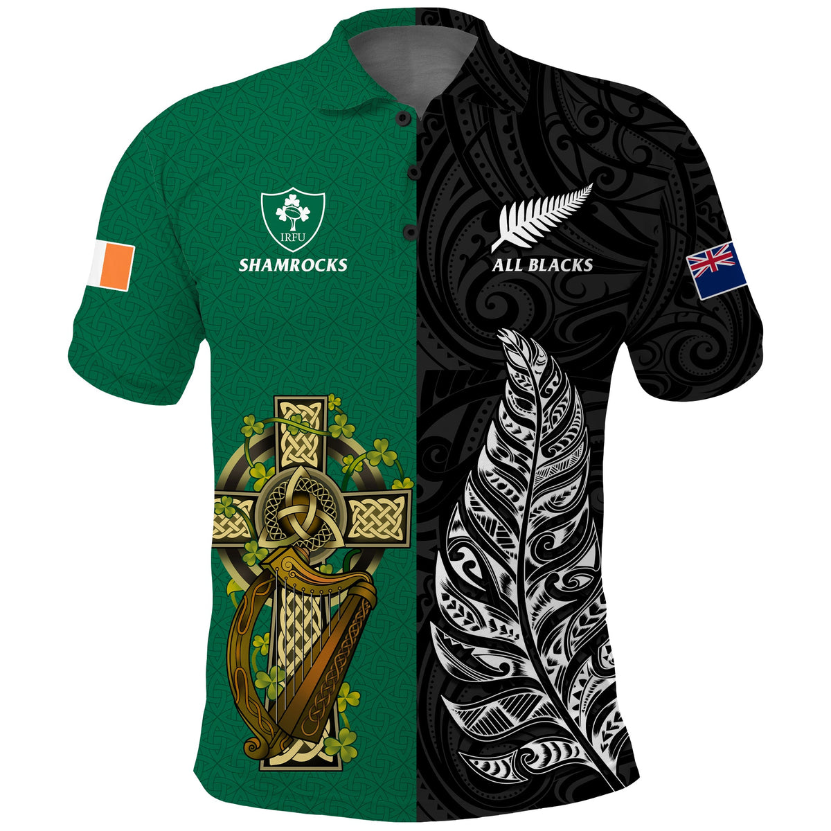 Ireland Shamrock and New Zealand Fern Polo Shirt Rugby Go Shamrock vs All Black LT13 - Wonder Print Shop