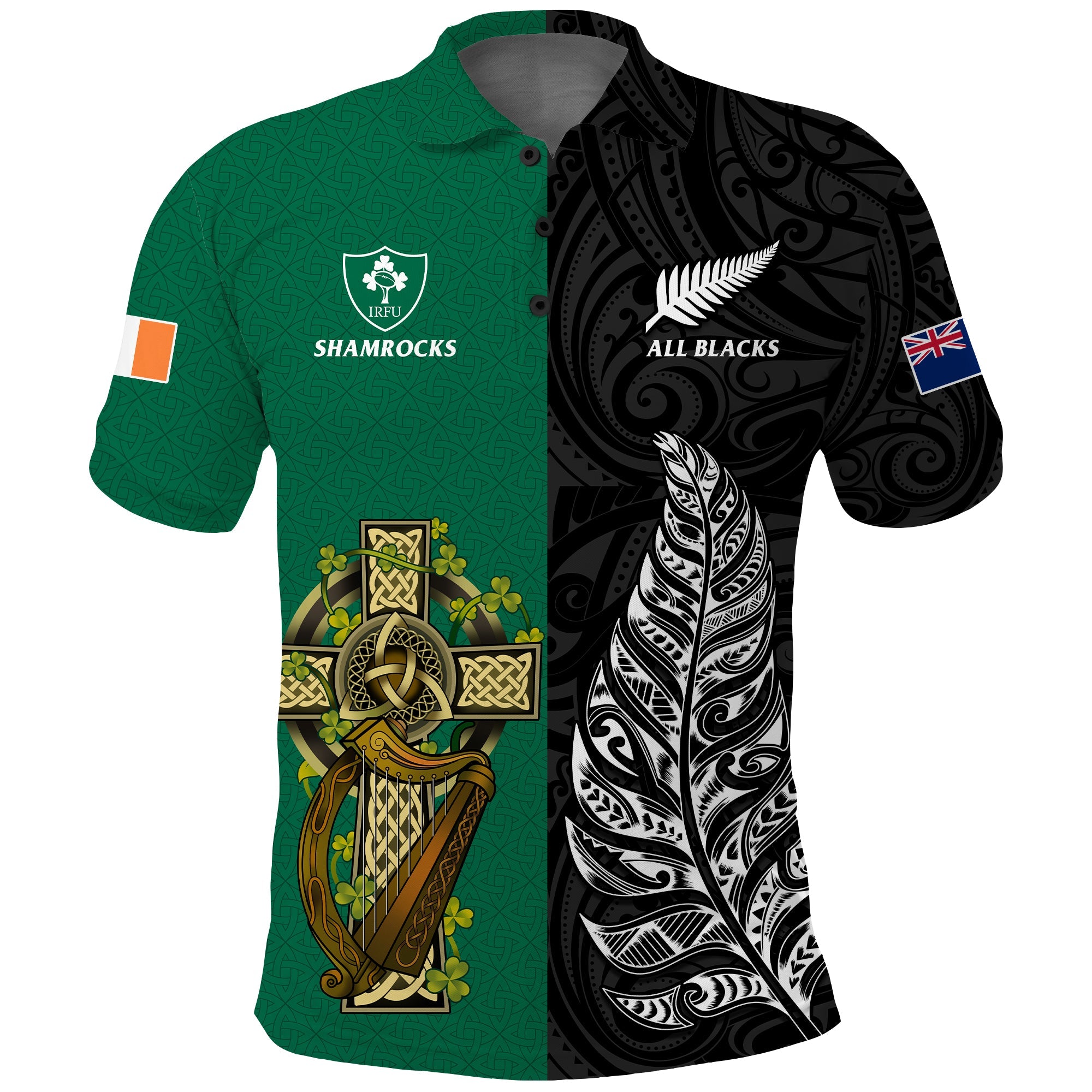 Ireland Shamrock and New Zealand Fern Polo Shirt Rugby Go Shamrock vs All Black LT13