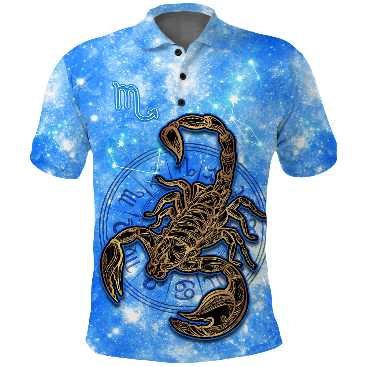 Blue Scorpio galaxy polo shirt, front close-up with scorpion zodiac emblem