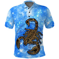 Blue Scorpio galaxy polo shirt, front close-up with scorpion zodiac emblem