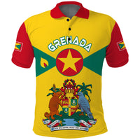 Yellow Grenada polo with red collar and sleeves; front crest and slogan graphic