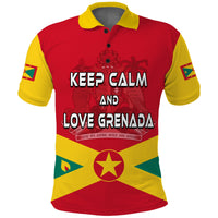 Red polo with yellow collar and 'KEEP CALM AND LOVE GRENADA' front print