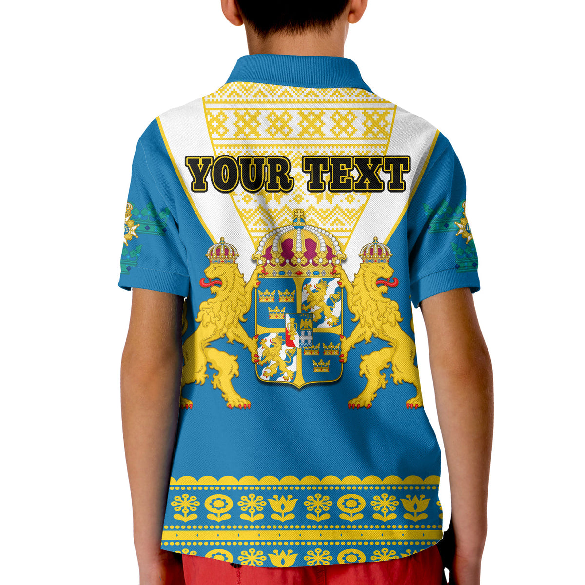 Custom Sweden Polo Shirt KID Swedish Coat Of Arms With Scandinavian Flowers - Wonder Print Shop