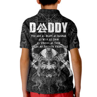 Black kids polo shirt back with 'DADDY' quote text and Odin face illustration