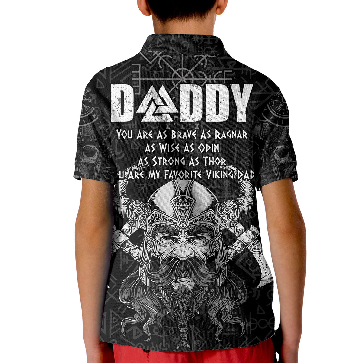 Kids black polo shirt back with 'DADDY' text, Odin face and runes graphic, short sleeves