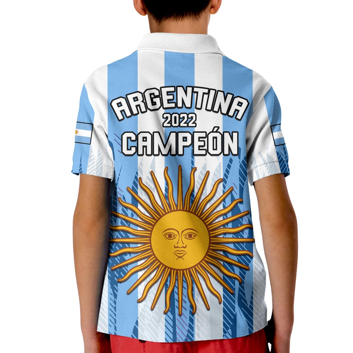 Kids Argentina football polo shirt, back text Argentina 2022 Campeon and sun emblem