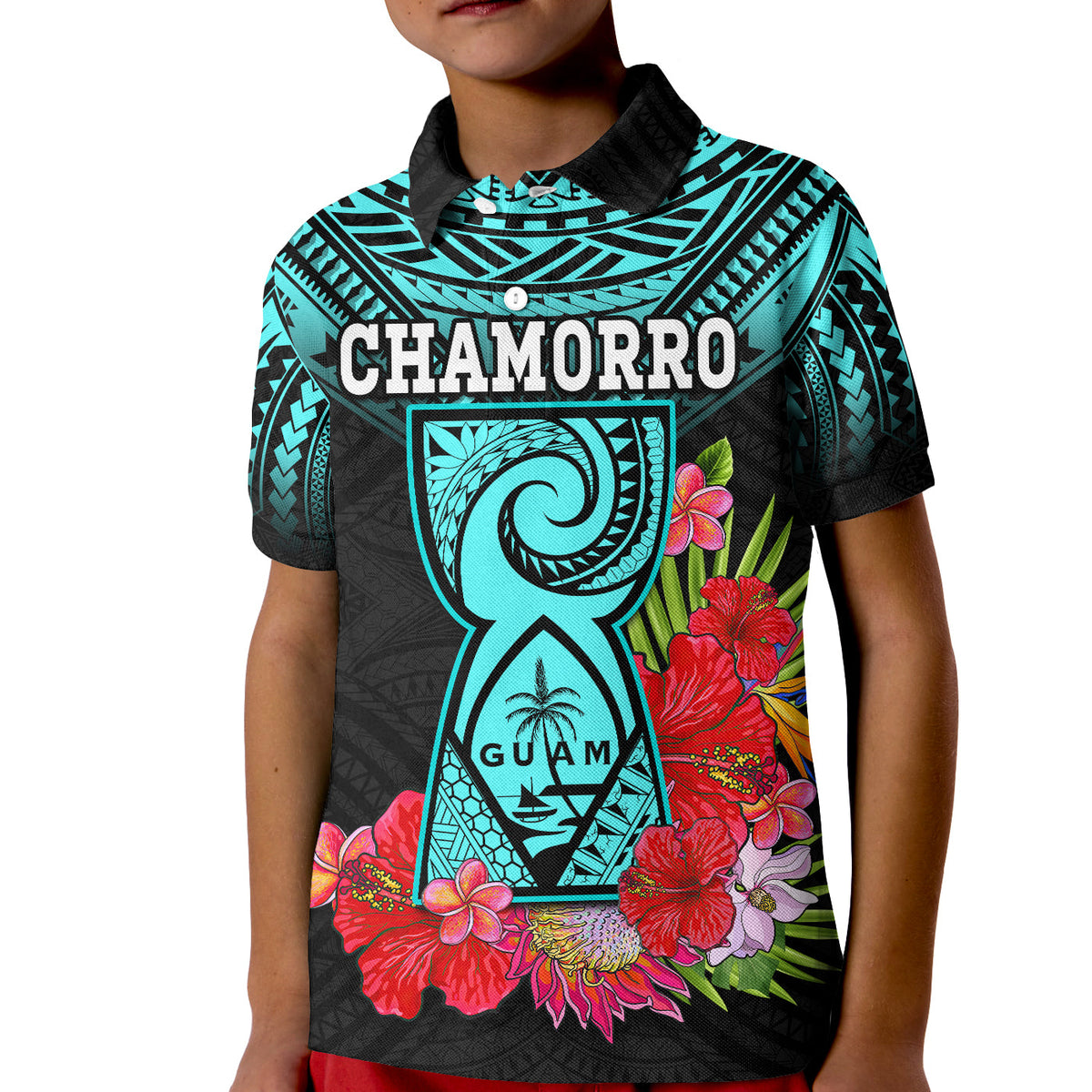 Custom Chamorro Guam Polo Shirt KID Guaman Latte Stone Tropical Flowers Turquoise Style - Wonder Print Shop