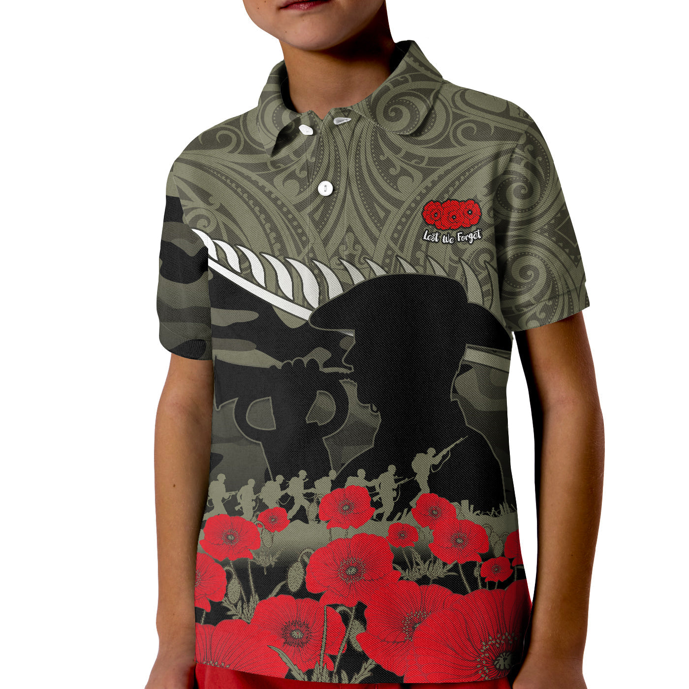 Custom New Zealand ANZAC 2022 Polo Shirt KID Maori Camouflage - Wonder Print Shop