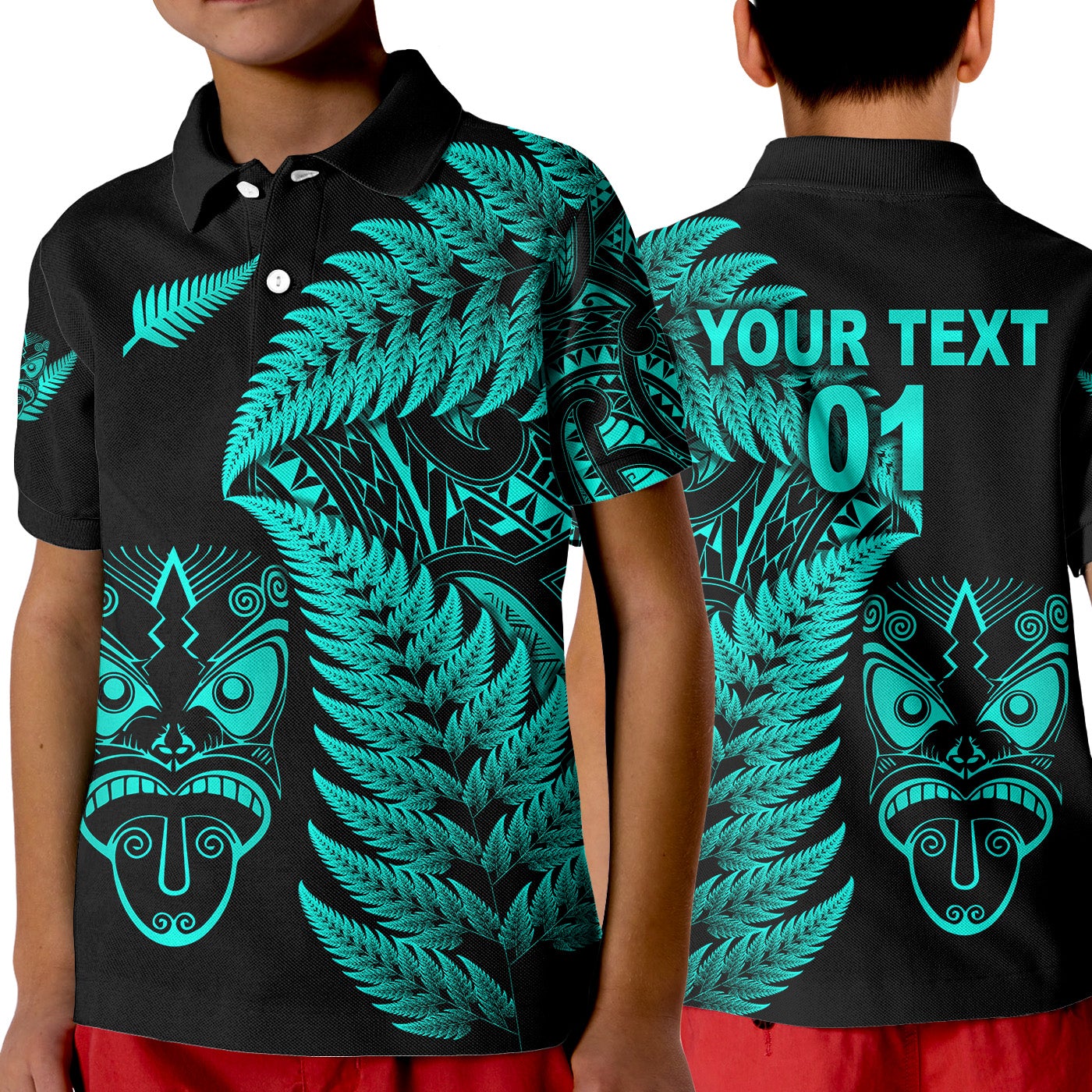 custom-personalised-new-zealand-haka-rugby-maori-polo-shirt-kid-silver-fern-vibes-turquoise