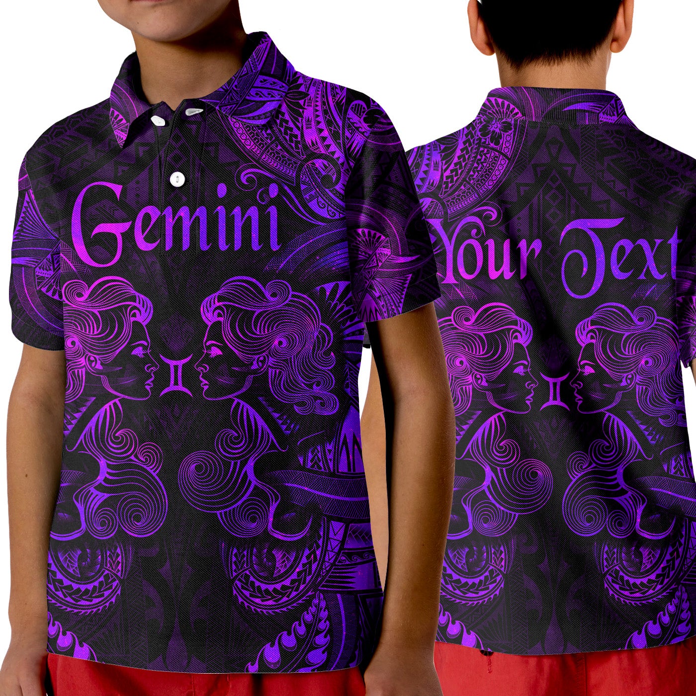 Custom Gemini Zodiac Polynesian Polo Shirt KID Unique Style Purple LT8 - Wonder Print Shop