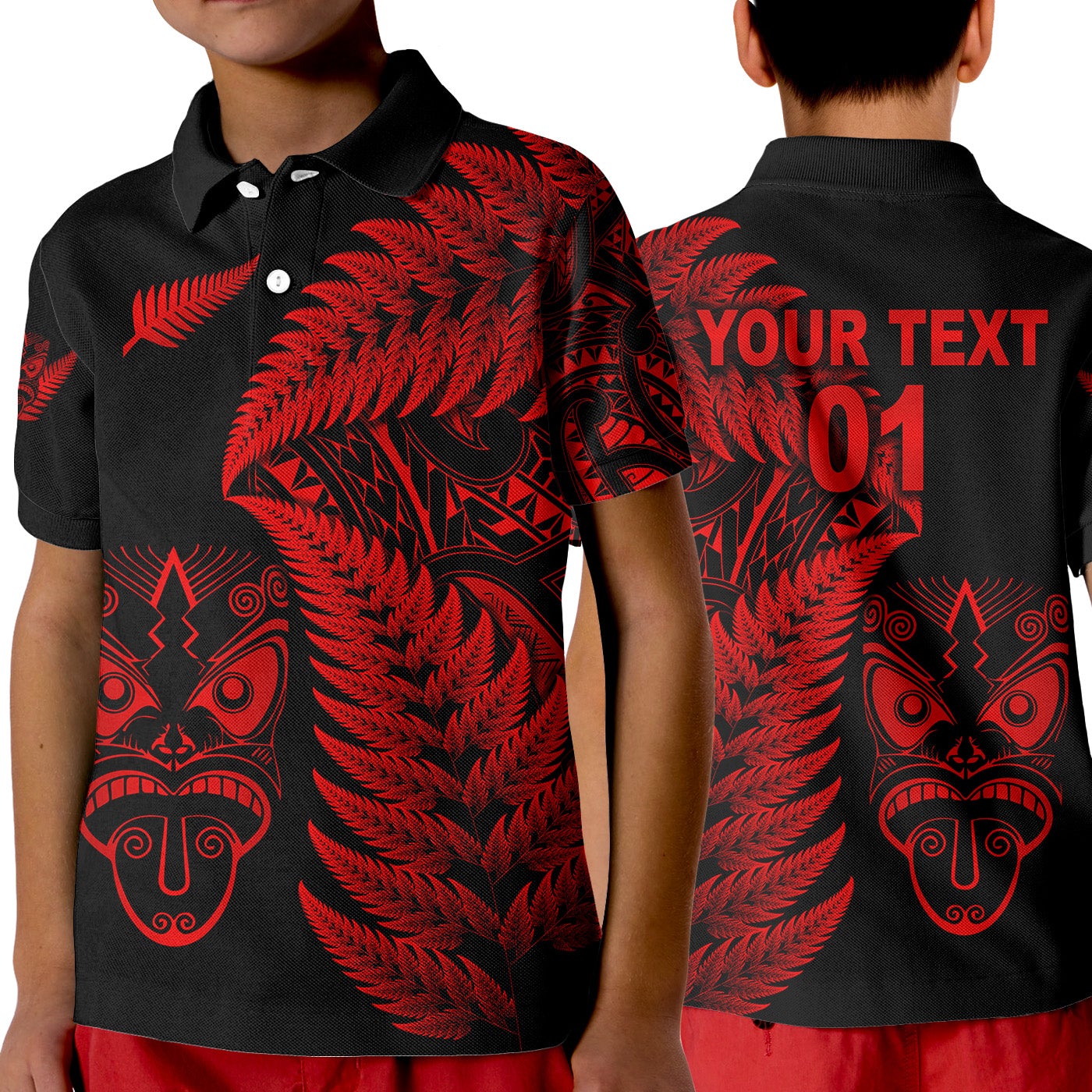 custom-personalised-new-zealand-haka-rugby-maori-polo-shirt-kid-silver-fern-vibes-red