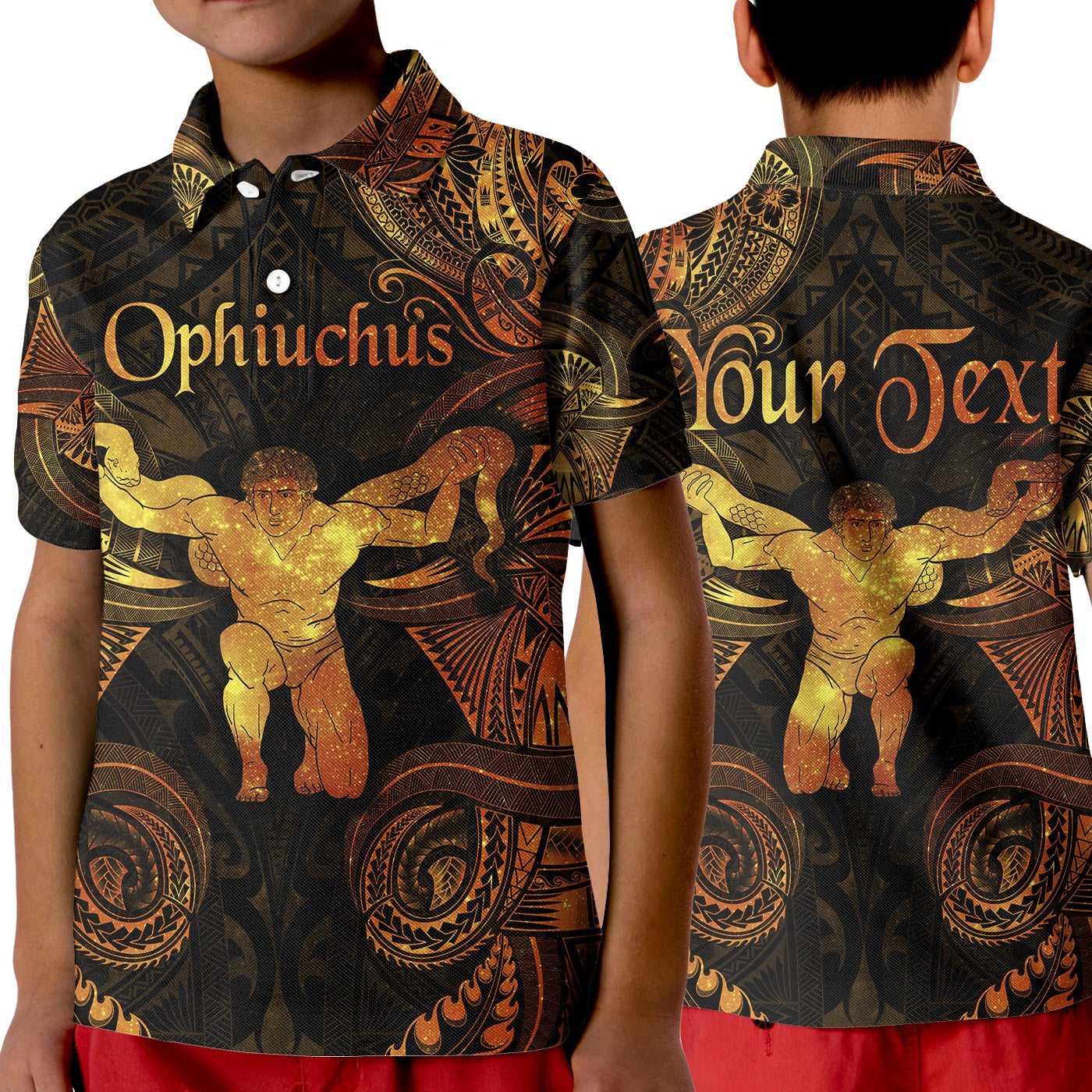 custom-personalised-ophiuchus-zodiac-polynesian-polo-shirt-kid-unique-style-gold