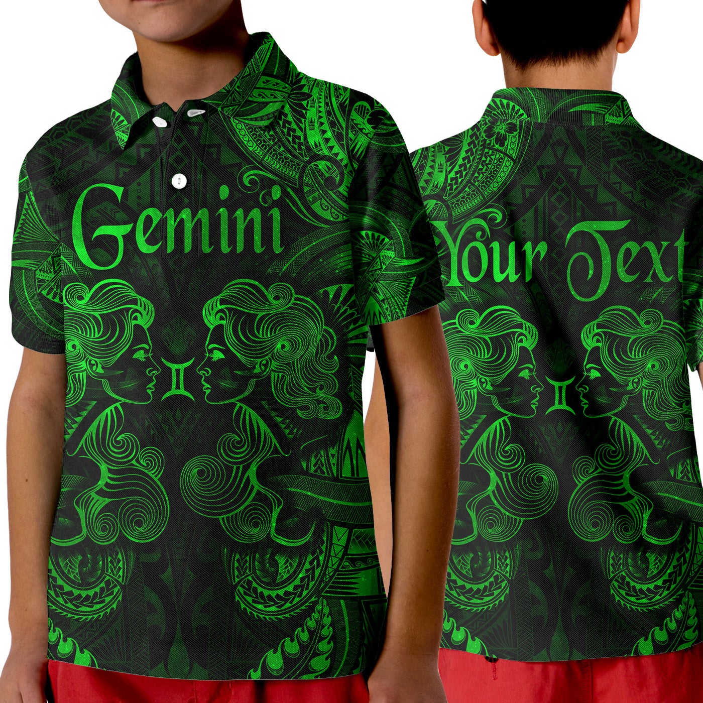 custom-personalised-gemini-zodiac-polynesian-polo-shirt-kid-unique-style-green