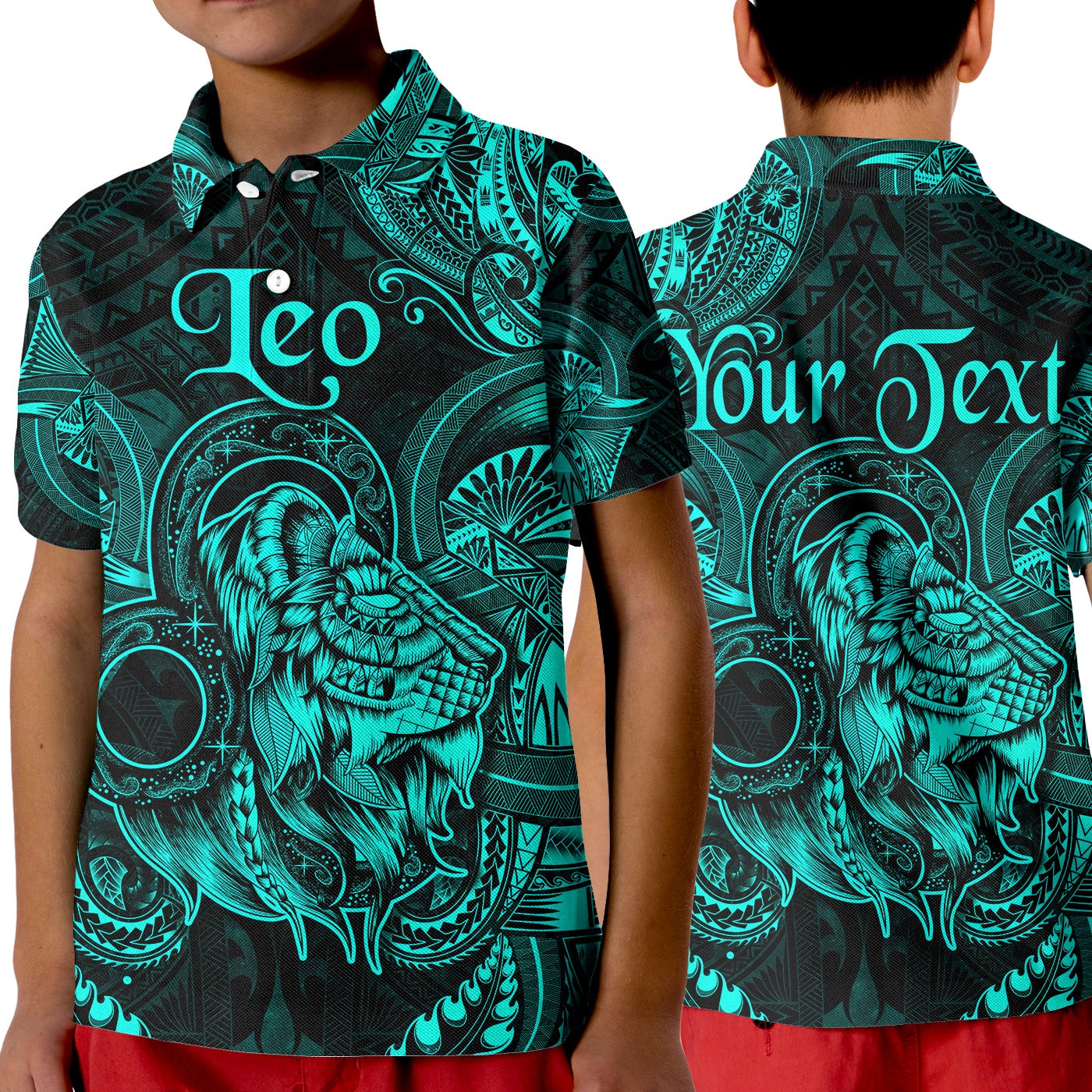 custom-personalised-leo-zodiac-polynesian-polo-shirt-kid-unique-style-turquoise