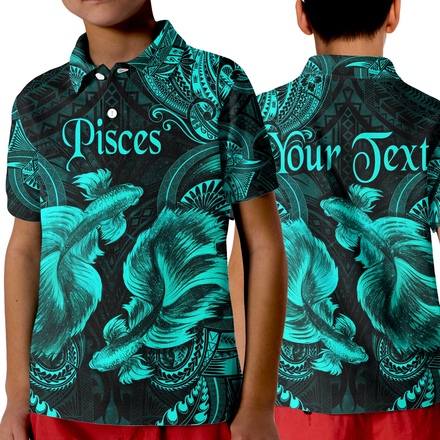 custom-personalised-pisces-zodiac-polynesian-polo-shirt-kid-unique-style-turquoise