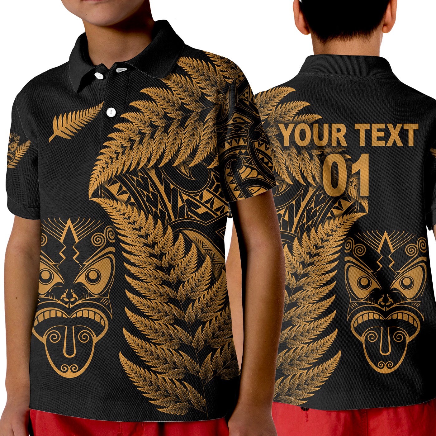 custom-personalised-new-zealand-haka-rugby-maori-polo-shirt-kid-silver-fern-vibes-gold