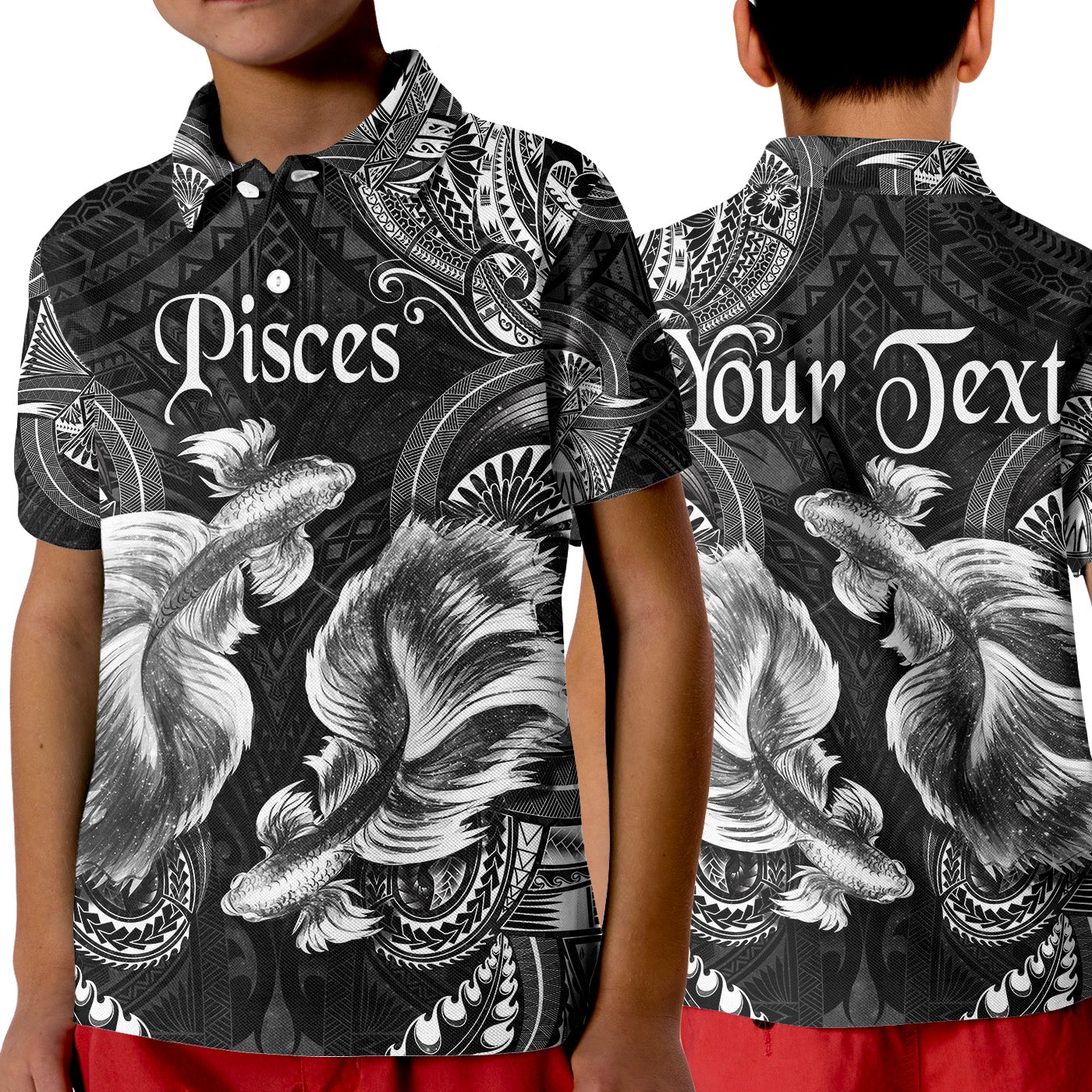custom-personalised-pisces-zodiac-polynesian-polo-shirt-kid-unique-style-black