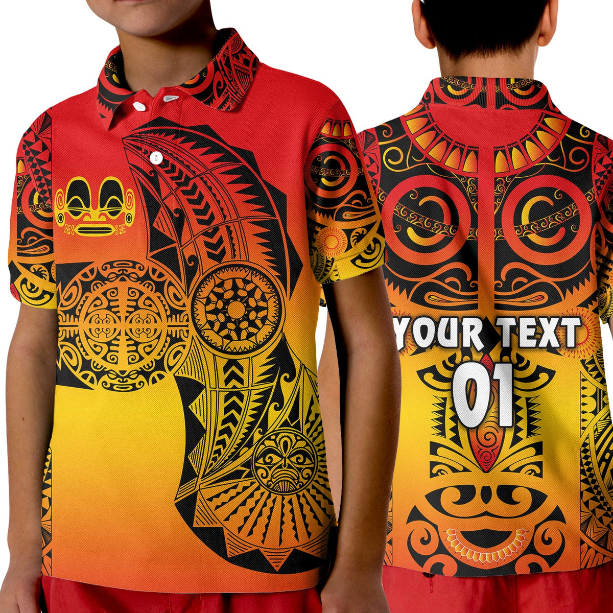 Custom Marquesas Islands Polo Shirt KID Marquesan Tattoo Original Style Gradient Red LT8 - Wonder Print Shop
