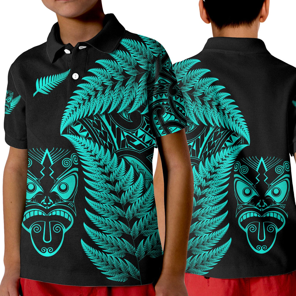New Zealand Haka Rugby Maori Polo Shirt KID Silver Fern Vibes Turquoise LT8 - Wonder Print Shop