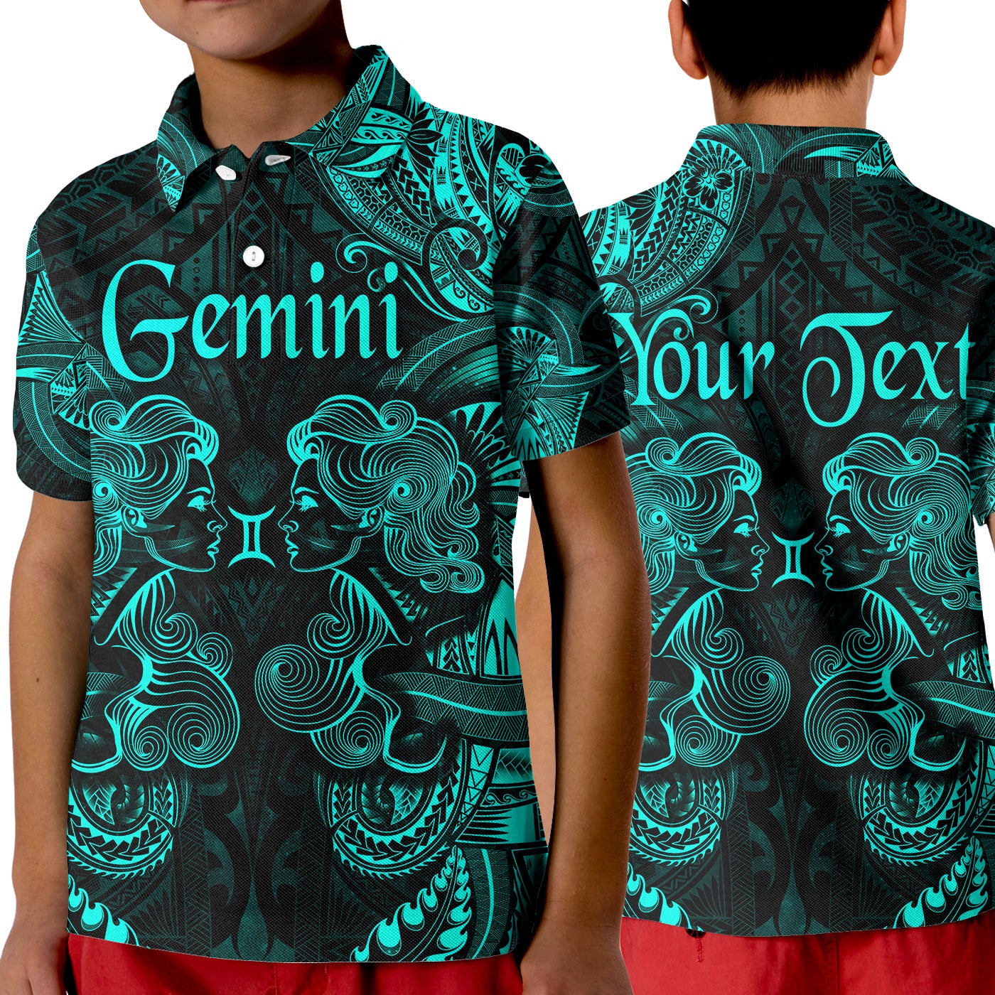 custom-personalised-gemini-zodiac-polynesian-polo-shirt-kid-unique-style-turquoise