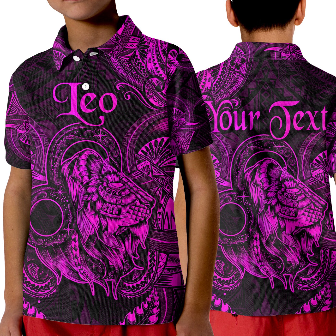 custom-personalised-leo-zodiac-polynesian-polo-shirt-kid-unique-style-pink