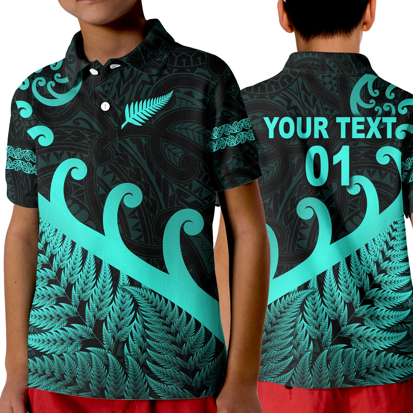 custom-personalised-new-zealand-rugby-maori-polo-shirt-kid-silver-fern-koru-vibes-turquoise