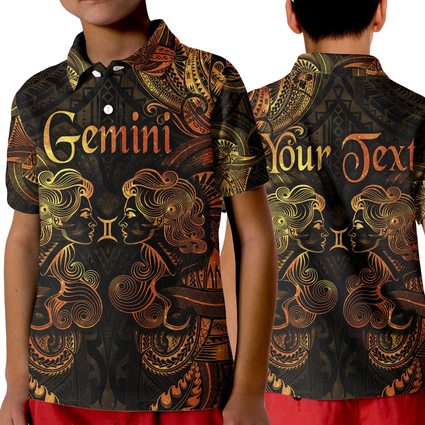 Custom Gemini Zodiac Polynesian Polo Shirt KID Unique Style Gold LT8 - Wonder Print Shop