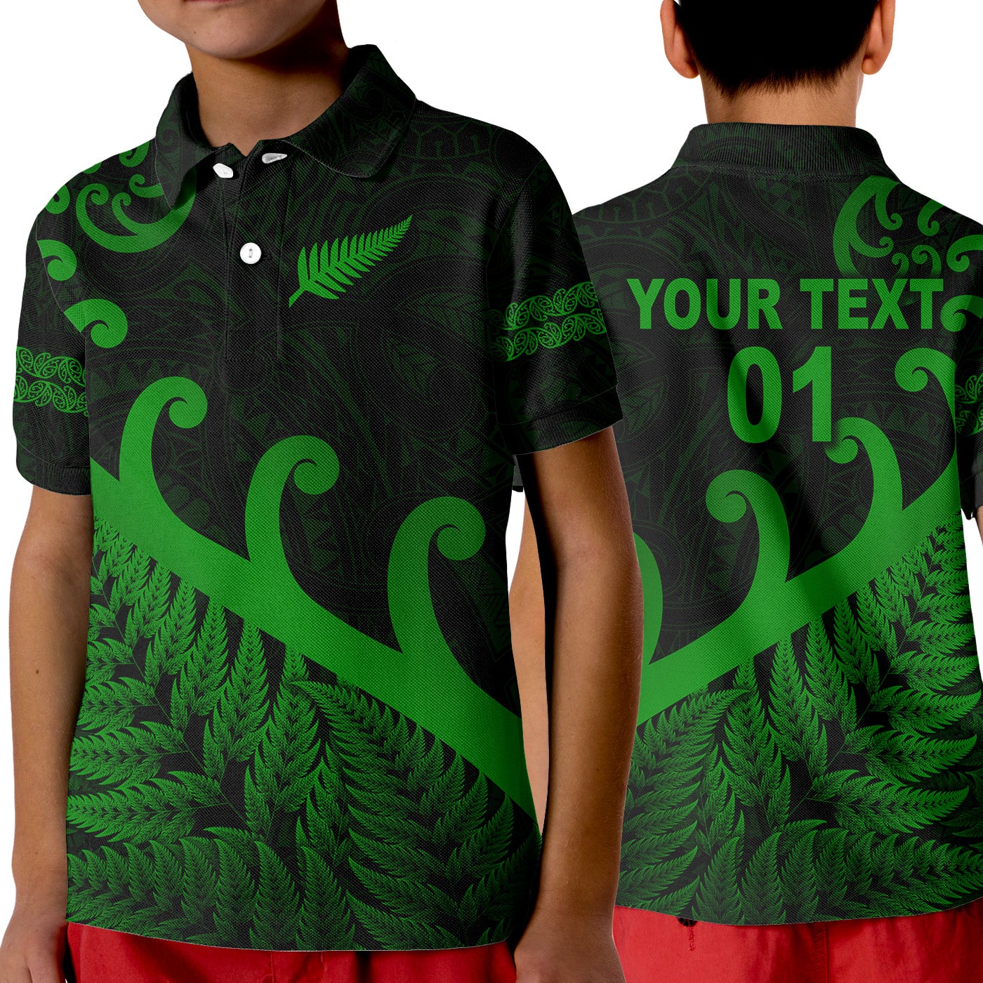 custom-personalised-new-zealand-rugby-maori-polo-shirt-kid-silver-fern-koru-vibes-green