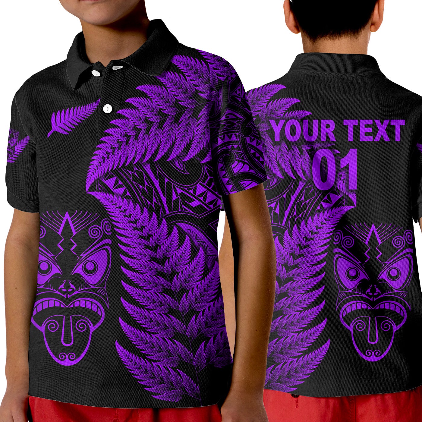 custom-personalised-new-zealand-haka-rugby-maori-polo-shirt-kid-silver-fern-vibes-purple