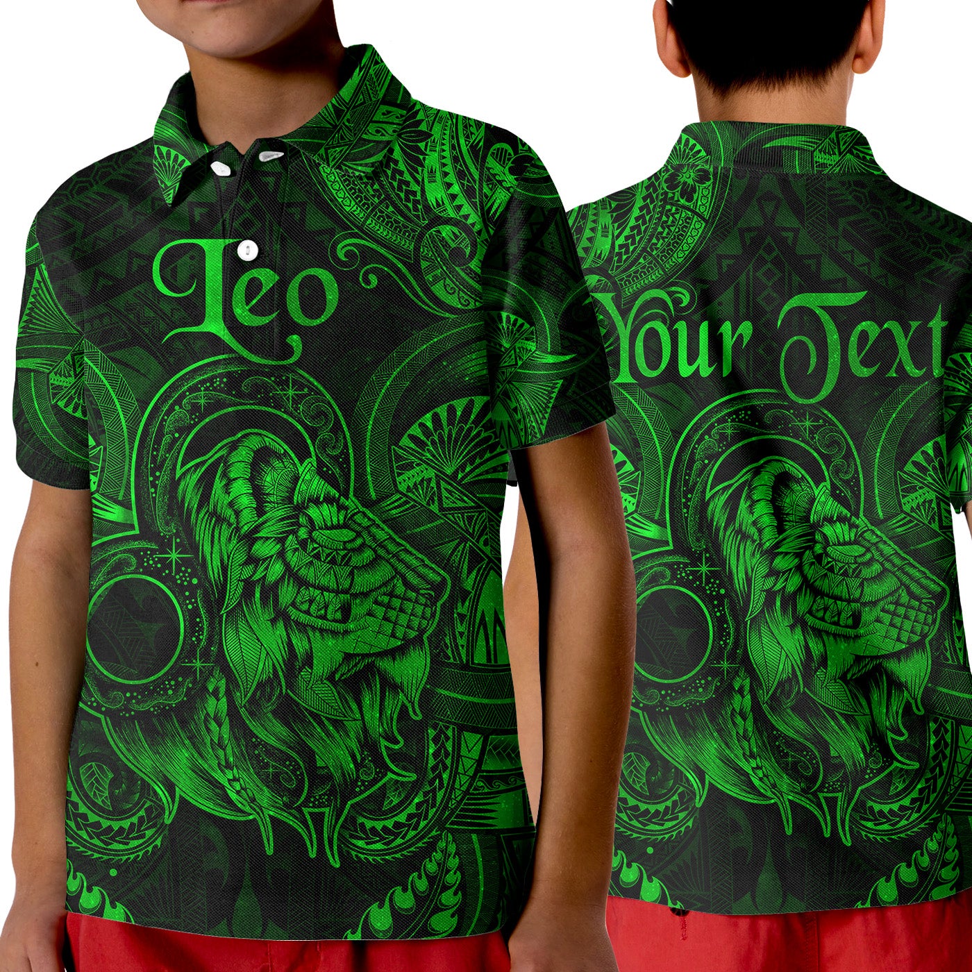 custom-personalised-leo-zodiac-polynesian-polo-shirt-kid-unique-style-green