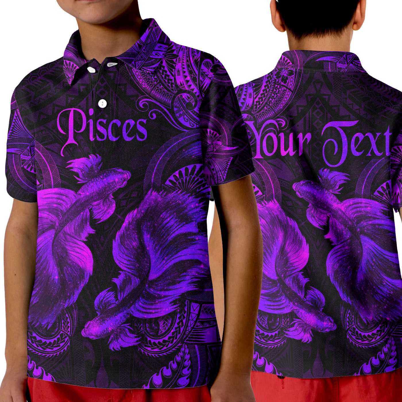 custom-personalised-pisces-zodiac-polynesian-polo-shirt-kid-unique-style-purple