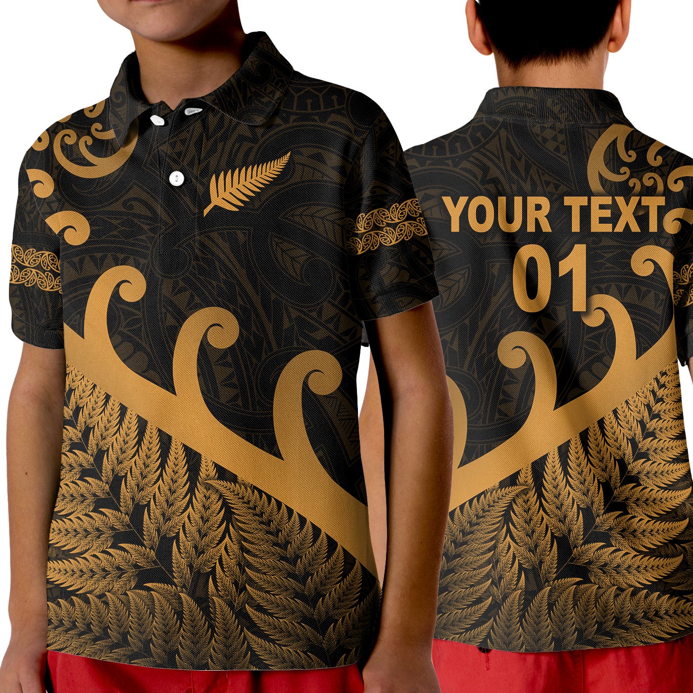 custom-personalised-new-zealand-rugby-maori-polo-shirt-kid-silver-fern-koru-vibes-gold