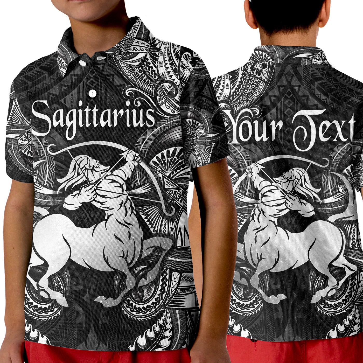 custom-personalised-sagittarius-zodiac-polynesian-polo-shirt-kid-unique-style-black