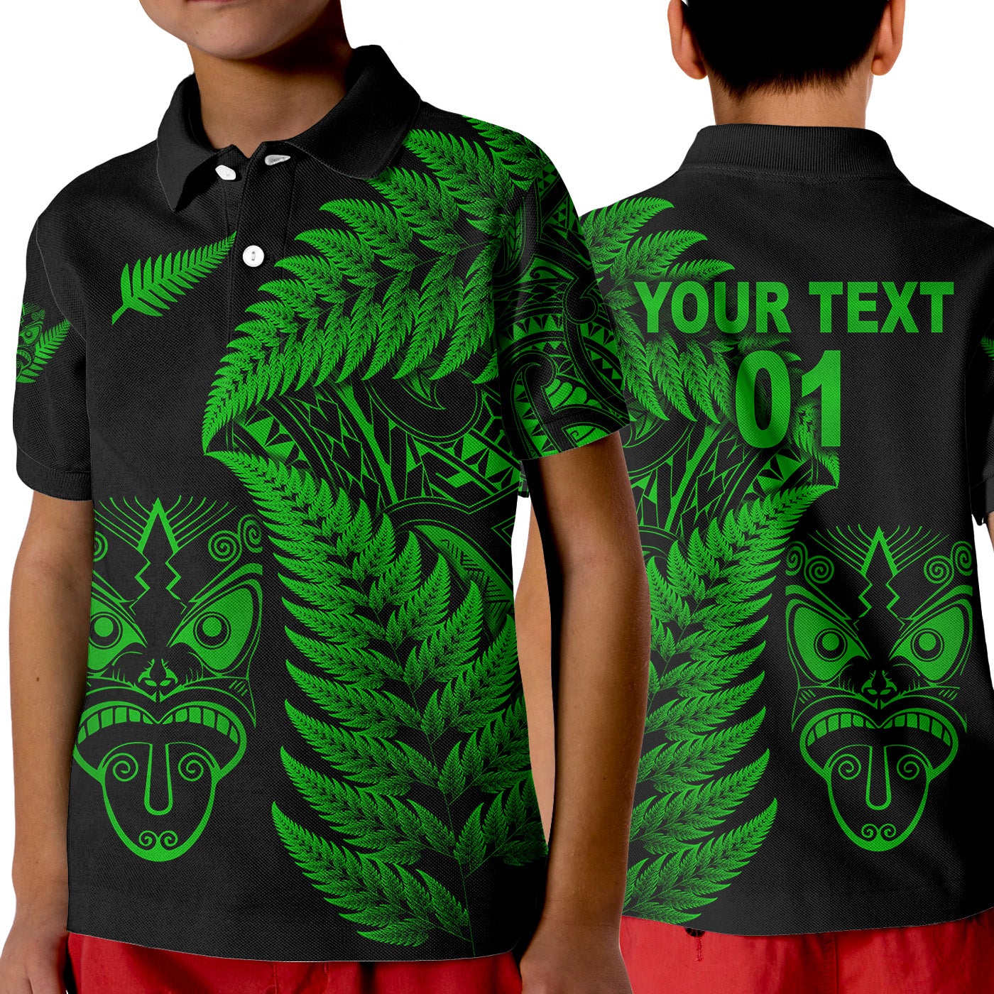 custom-personalised-new-zealand-haka-rugby-maori-polo-shirt-kid-silver-fern-vibes-green
