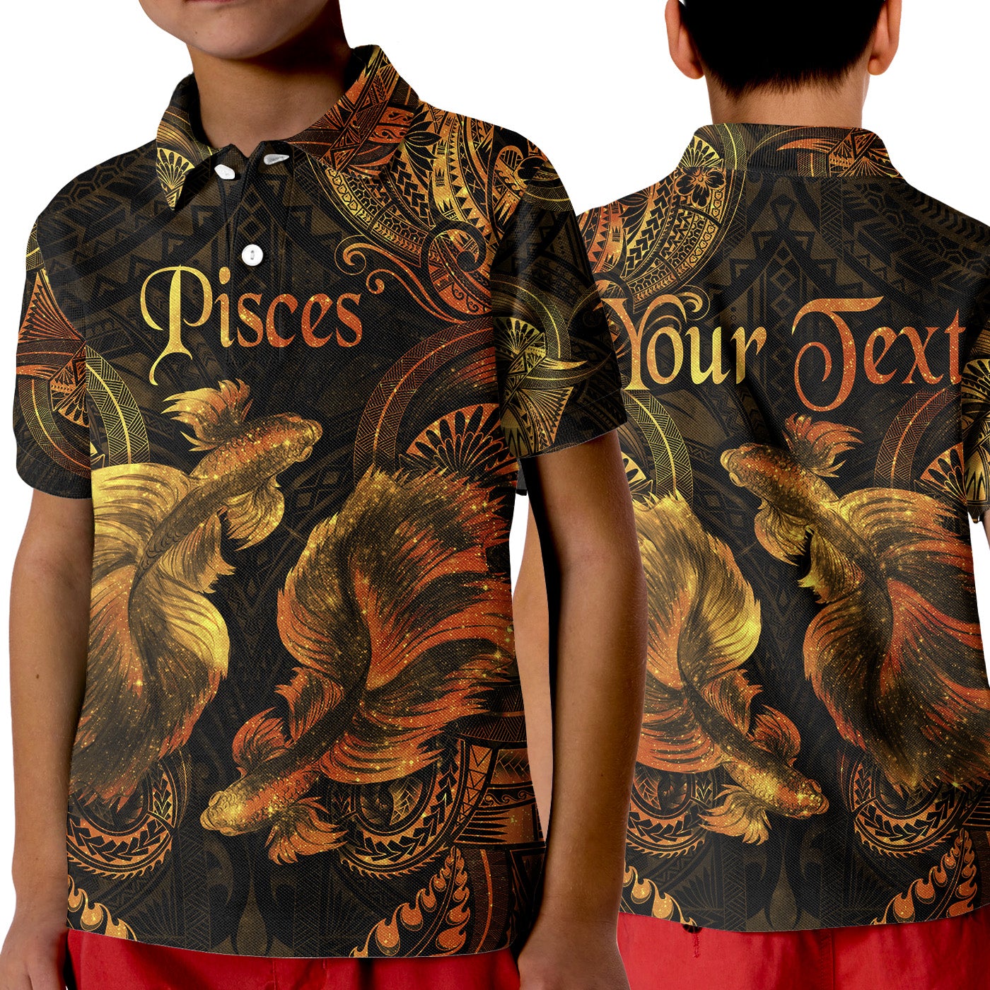 custom-personalised-pisces-zodiac-polynesian-polo-shirt-kid-unique-style-gold