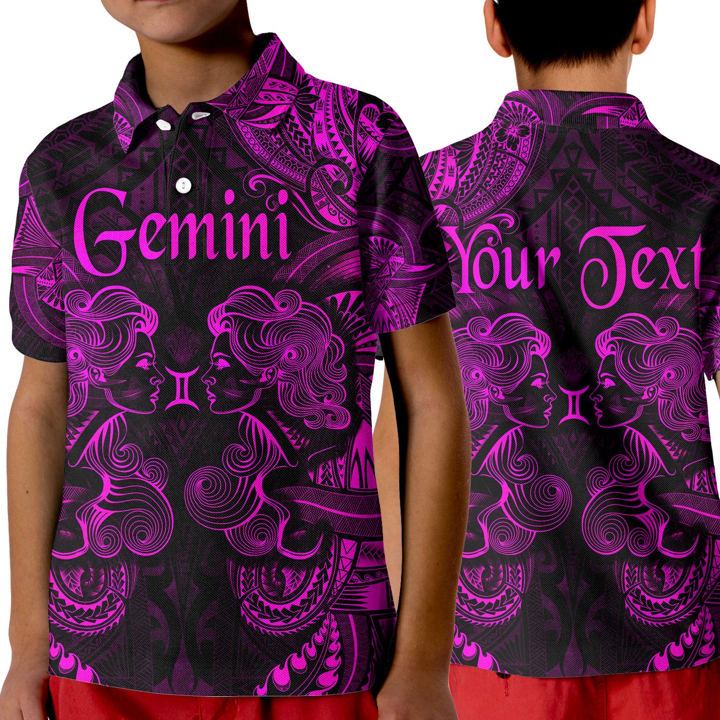 custom-personalised-gemini-zodiac-polynesian-polo-shirt-kid-unique-style-pink
