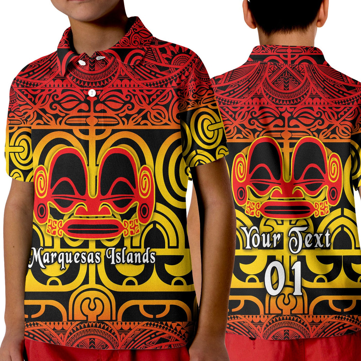 Custom Marquesas Islands Polo Shirt KID Marquesan Tattoo Simple Style Gradient Red LT8 - Wonder Print Shop