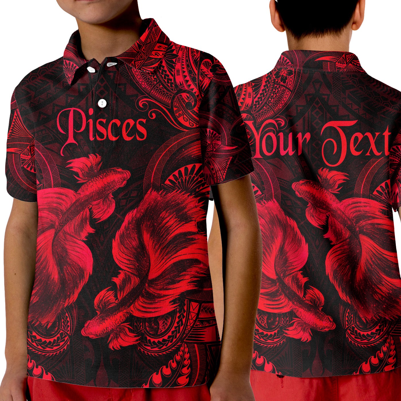 custom-personalised-pisces-zodiac-polynesian-polo-shirt-kid-unique-style-red