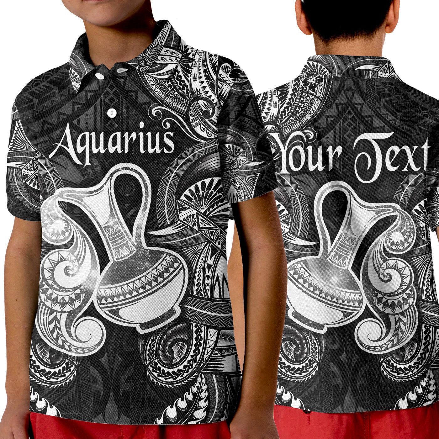custom-personalised-aquarius-zodiac-polynesian-polo-shirt-kid-unique-style-black