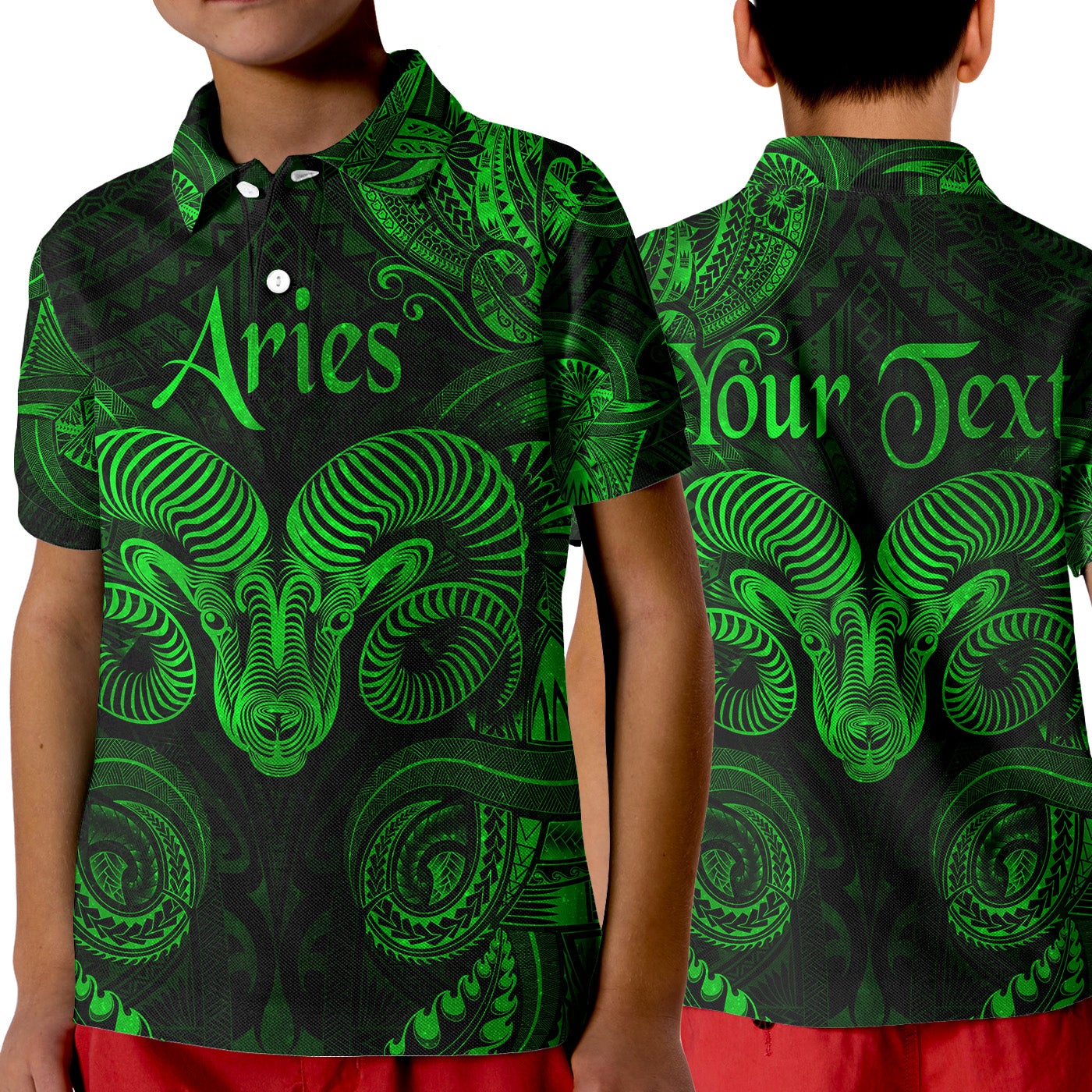 Custom Aries Zodiac Polynesian Polo Shirt KID Unique Style Green LT8 - Wonder Print Shop