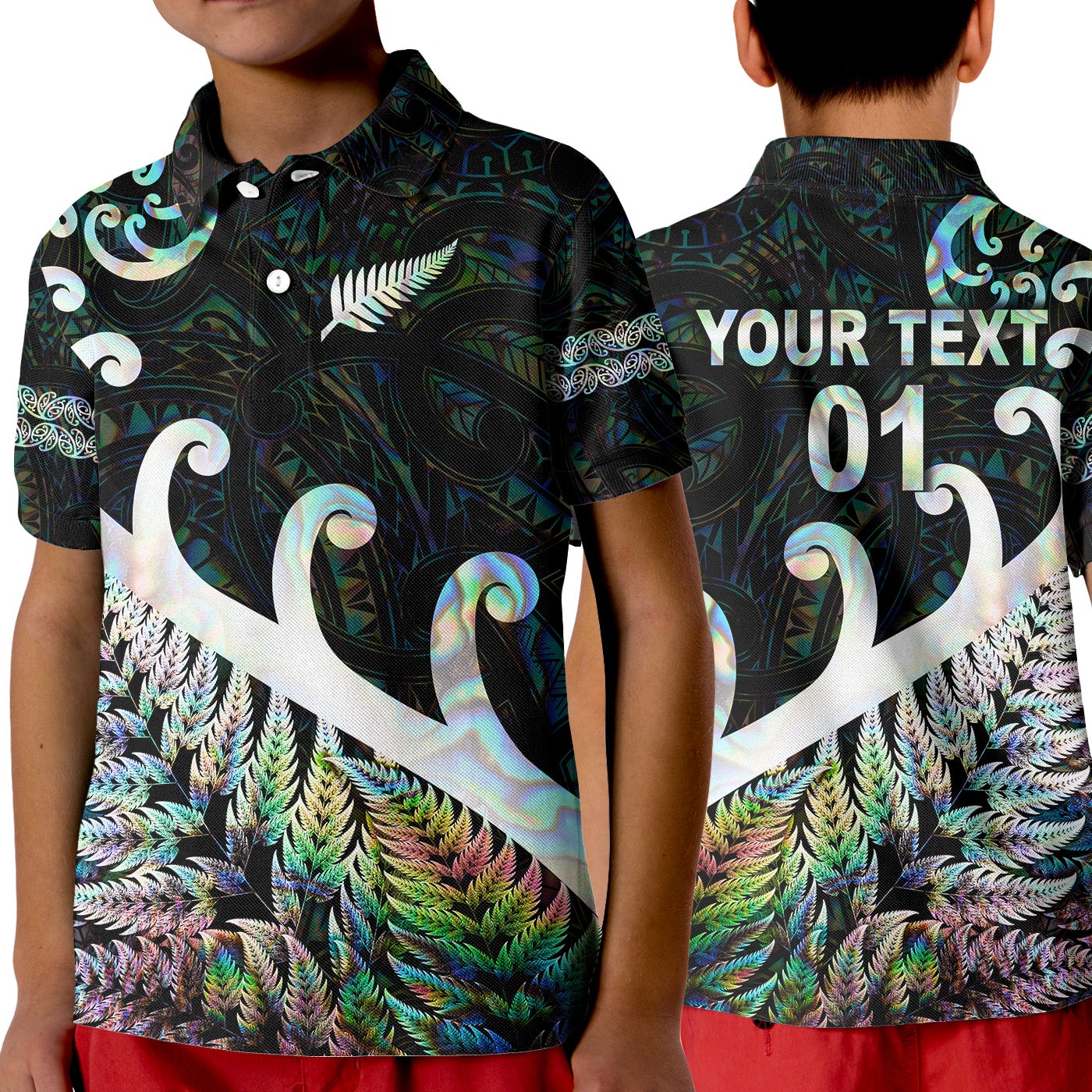 custom-personalised-new-zealand-rugby-maori-polo-shirt-kid-silver-fern-koru-vibes-paua-shell