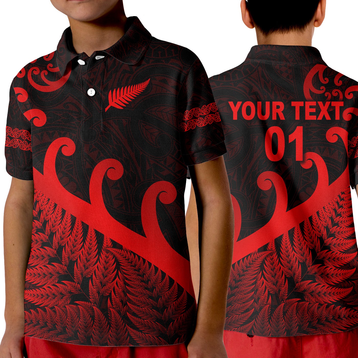 custom-personalised-new-zealand-rugby-maori-polo-shirt-kid-silver-fern-koru-vibes-red