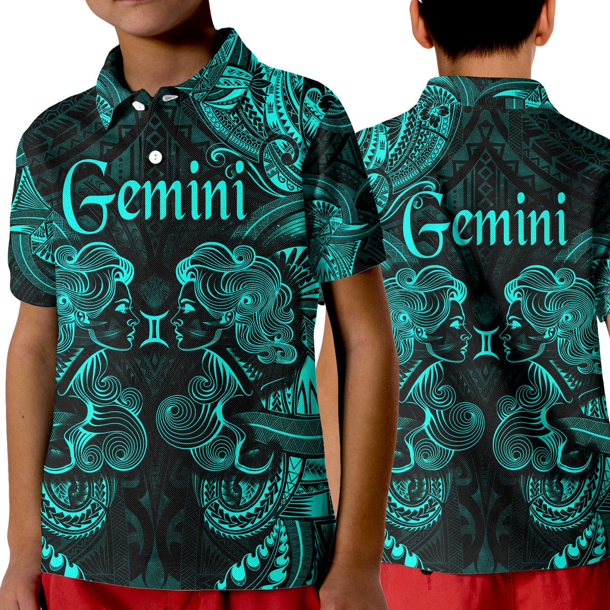 Gemini Zodiac Polynesian Polo Shirt KID Unique Style Turquoise LT8 - Wonder Print Shop