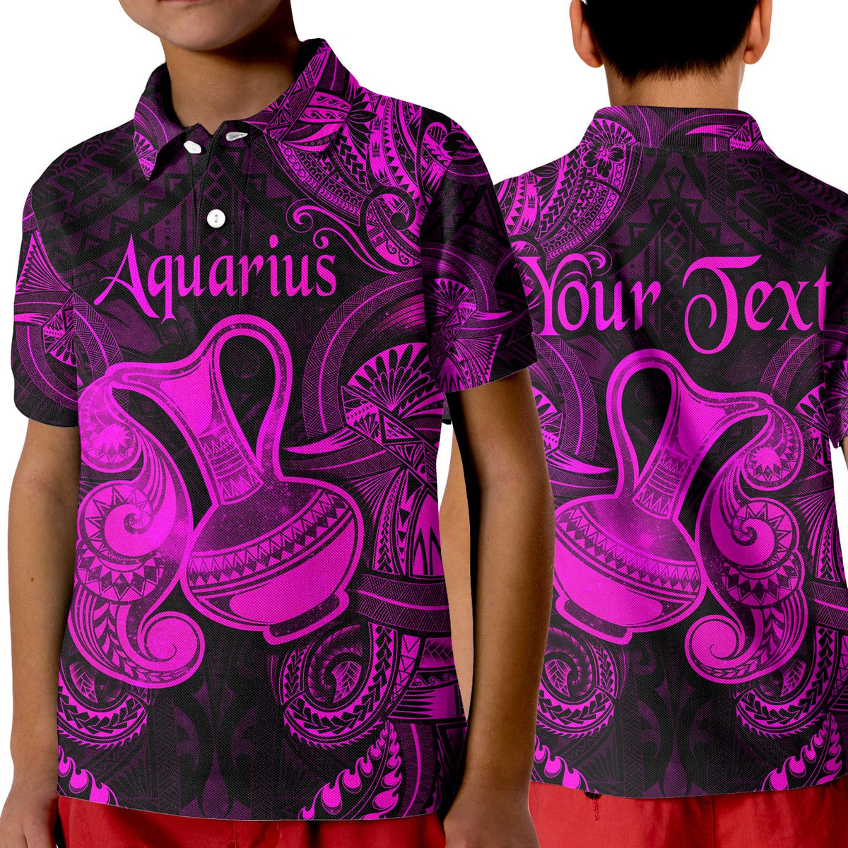 Custom Aquarius Zodiac Polynesian Polo Shirt KID Unique Style Pink LT8 - Wonder Print Shop