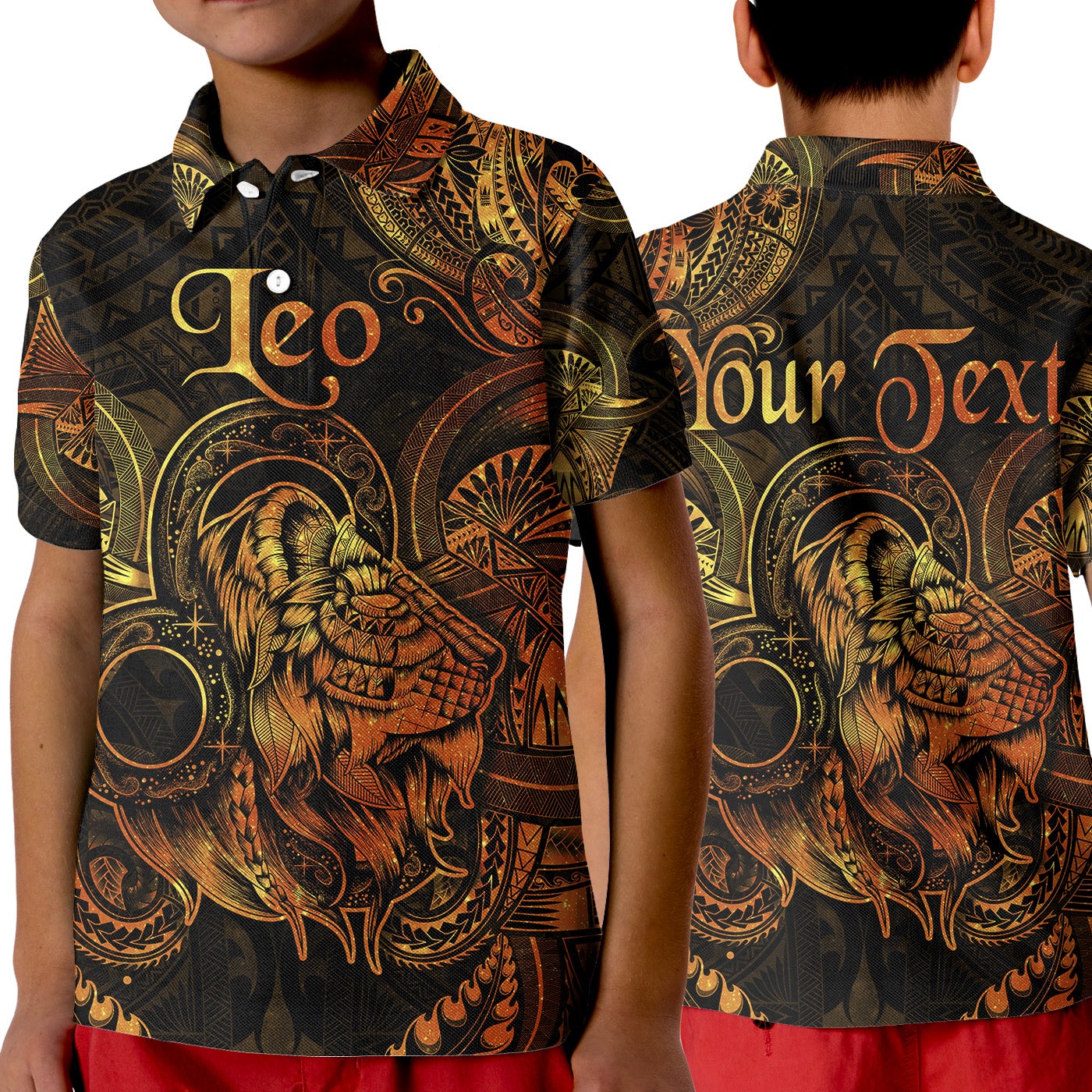 custom-personalised-leo-zodiac-polynesian-polo-shirt-kid-unique-style-gold
