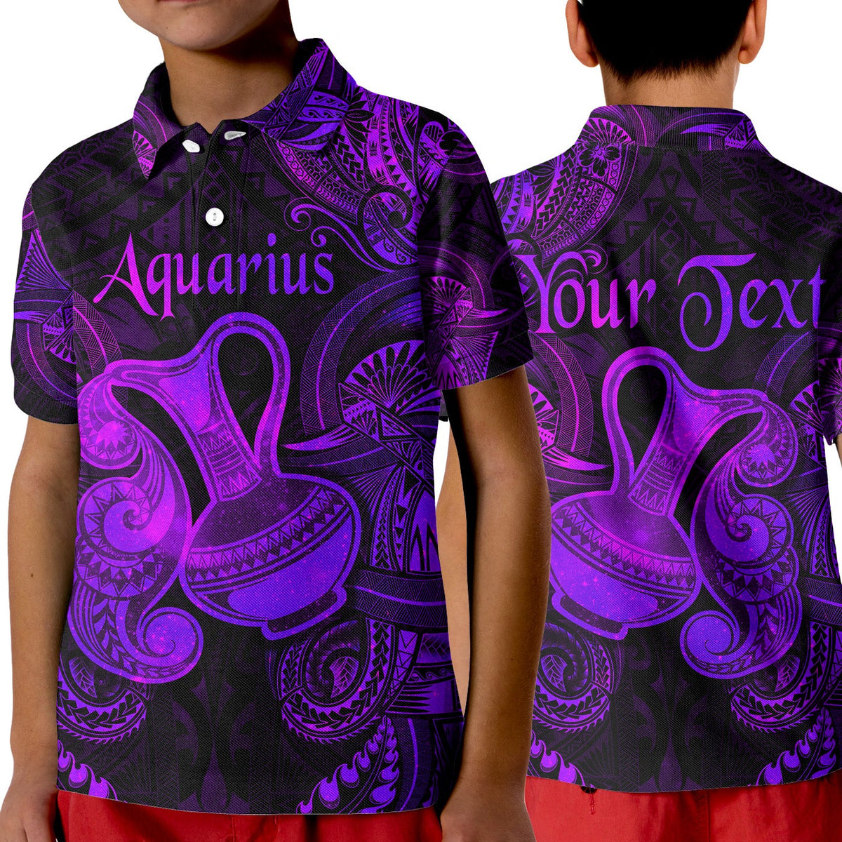 Custom Aquarius Zodiac Polynesian Polo Shirt KID Unique Style Purple LT8 - Wonder Print Shop