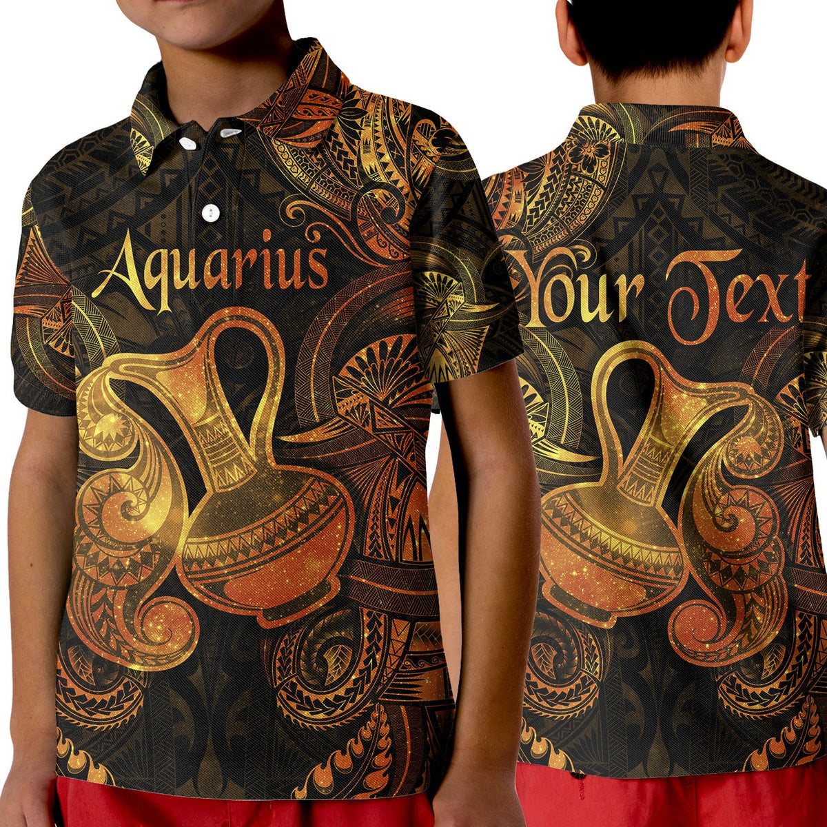 Custom Aquarius Zodiac Polynesian Polo Shirt KID Unique Style Gold LT8 - Wonder Print Shop