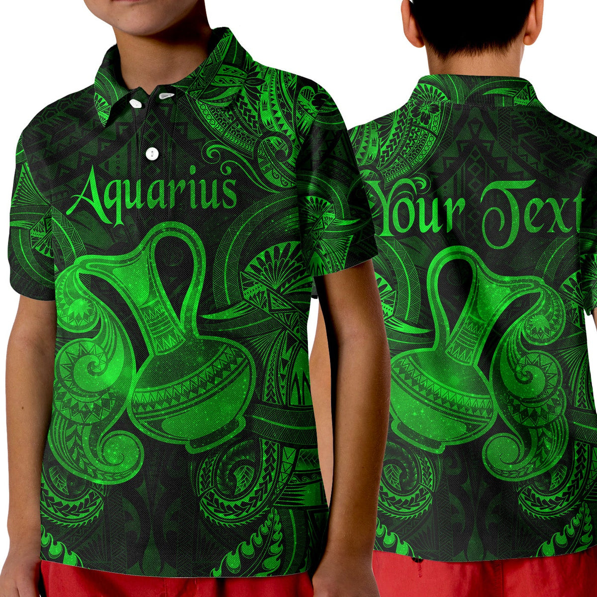 Custom Aquarius Zodiac Polynesian Polo Shirt KID Unique Style Green LT8 - Wonder Print Shop