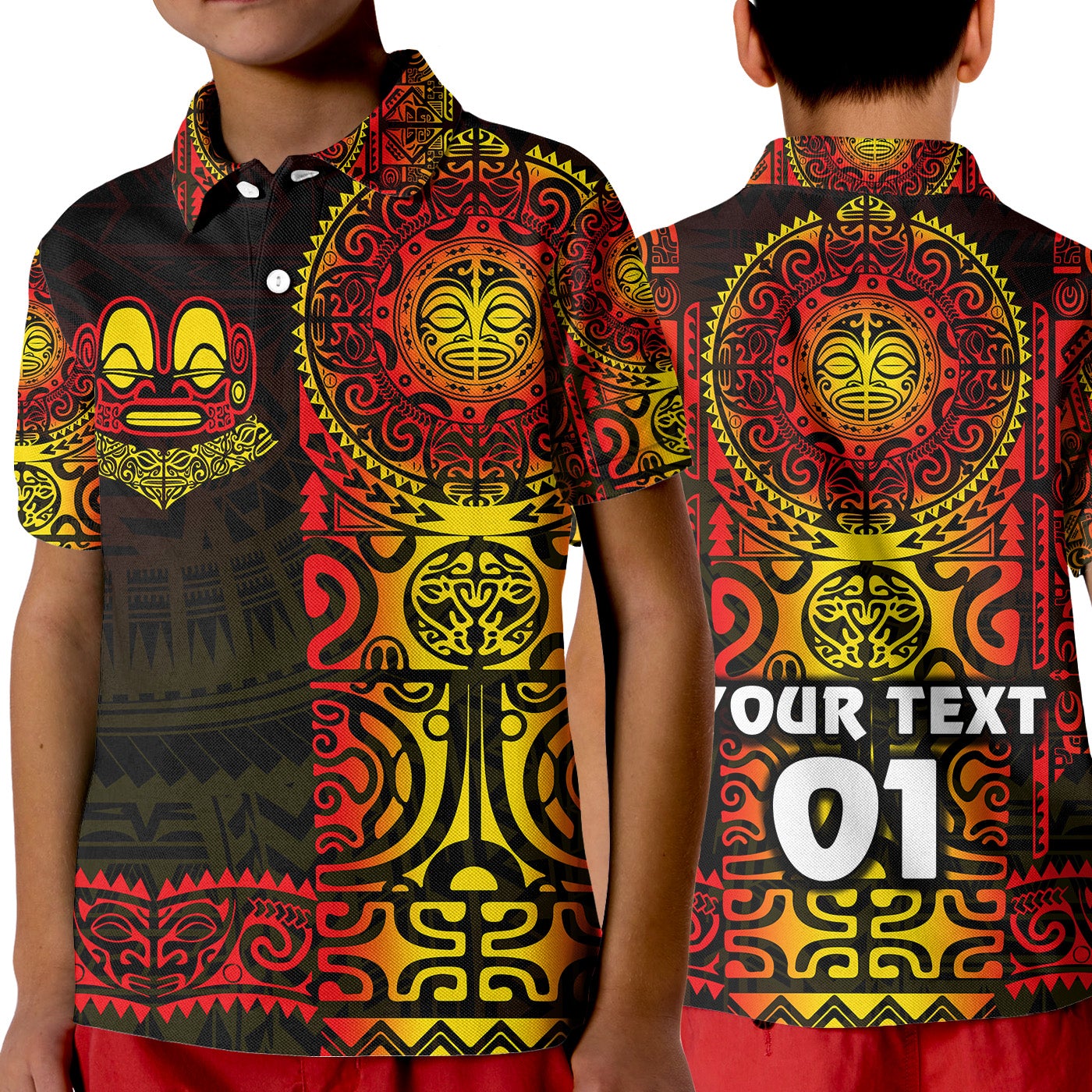 custom-personalised-marquesas-islands-polo-shirt-kid-marquesan-tattoo-unique-style-gradient-red