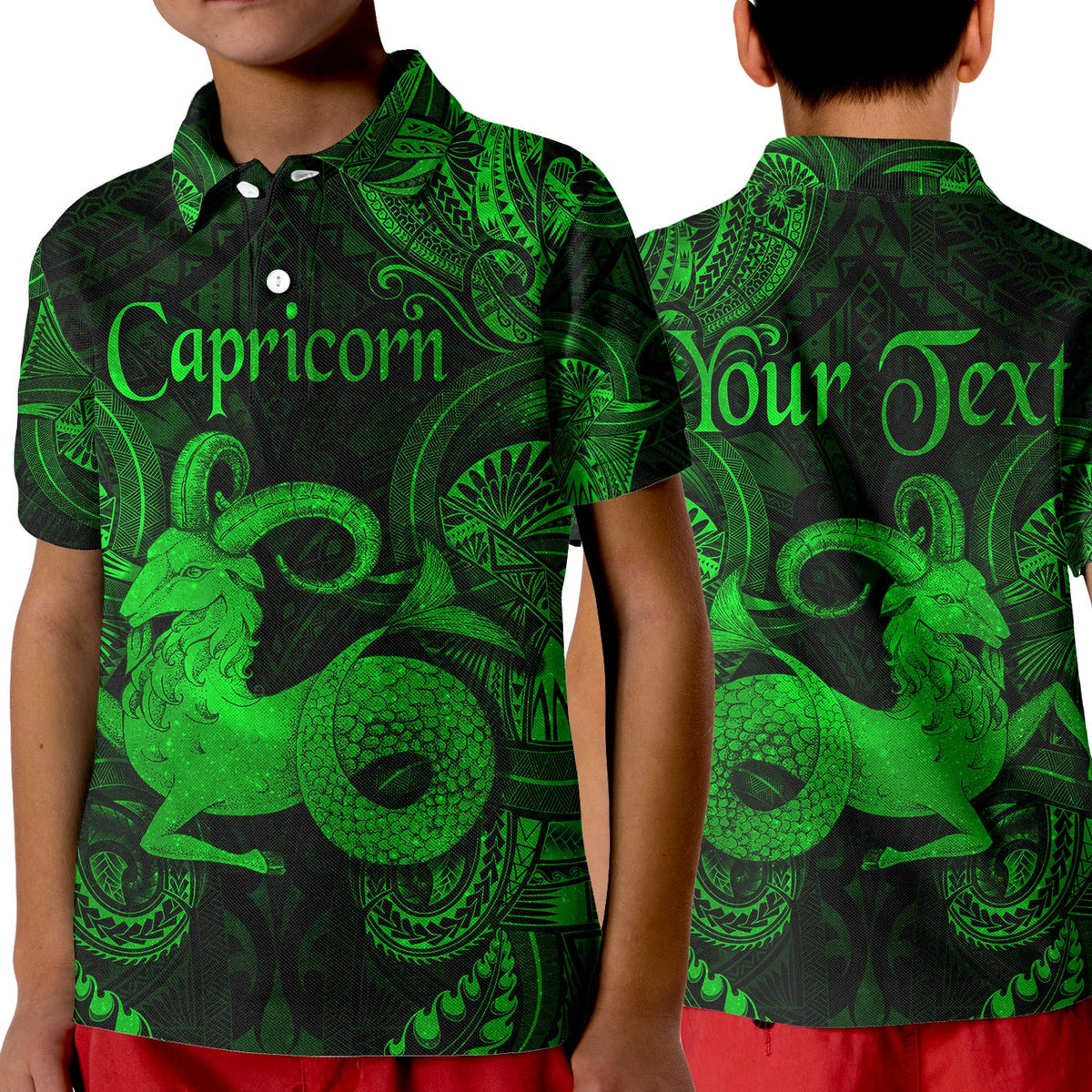 Custom Capricorn Zodiac Polynesian Polo Shirt KID Unique Style Green LT8 - Wonder Print Shop